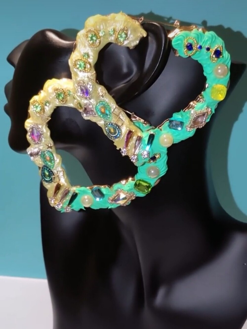 Hand Crafted Green and Lemon Yellow Jeweled Hoop Earrings